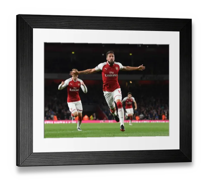 Framed Print : Olivier Giroud's Brace: Arsenal's Dominance Over Leicester City (2017-18) Framed Print : Olivier Giroud's Brace: Arsenal's Dominance Over Leicester City (2017-18)
