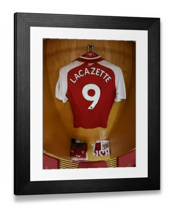Framed Print : Arsenal FC: Alex Lacazette's Emirates Shirt Before Arsenal vs Leicester City (2017-18)