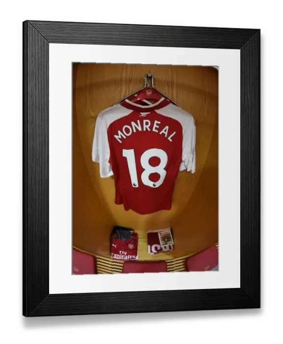 Framed Print : Nacho Monreal's Hanging Shirt in Arsenal's Home Changing Room - Arsenal v Leicester City, Premier League 2017-18 Framed Print : Nacho Monreal's Hanging Shirt in Arsenal's Home Changing Room - Arsenal v Leicester City, Premier League 2017-18