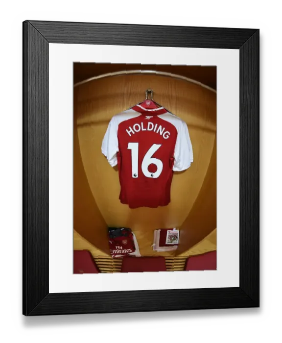 Framed Print : Arsenal: Rob Holding's Emirates Jersey in the Home Changing Room Before Arsenal vs Leicester City (2017-18)