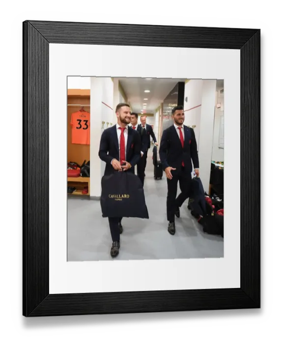 Framed Print : Arsenal Football Club: Mustafi and Kolasinac in the Home Changing Room before Arsenal vs Leicester City (2017-18)