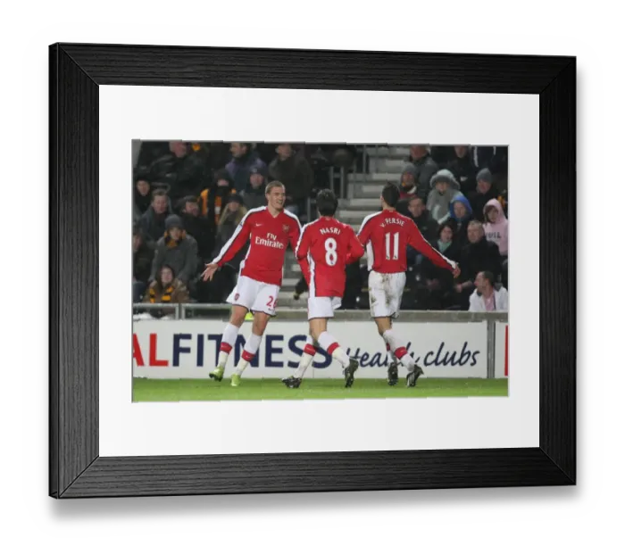 Framed Print : Bendtner, Van Persie, and Nasri: Celebrating Arsenal's 3rd Goal Against Hull City (17 / 1 / 2009) Framed Print : Bendtner, Van Persie, and Nasri: Celebrating Arsenal's 3rd Goal Against Hull City (17 / 1 / 2009)
