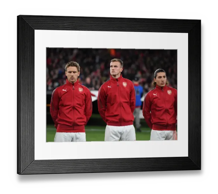Framed Print : Arsenal Trio: Monreal, Holding, Bellerin Pre-Match Huddle vs. 1. FC Koeln (UEFA Europa League, 2017)
