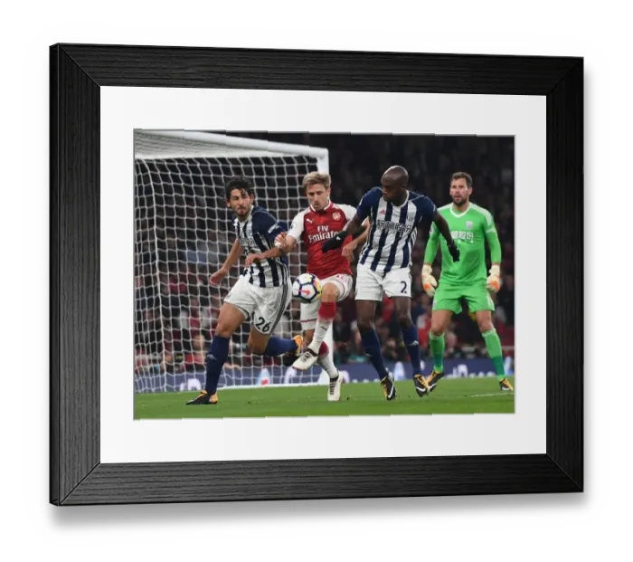 Framed Print : Clash at Emirates: Monreal vs Hegazy & Nyom (Arsenal vs West Bromwich Albion, 2017-18)