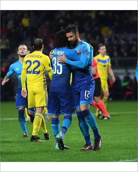 Olivier Giroud and Mohamed Elneny Celebrate Arsenal's Europa League Goals Against BATE Borisov