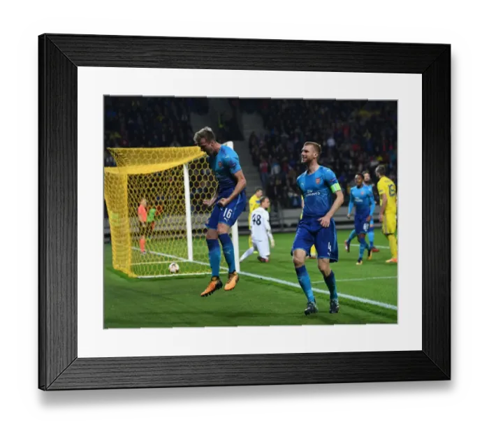Framed Print : Arsenal's Rob Holding and Per Mertesacker Celebrate Goal Against BATE Borisov in Europa League