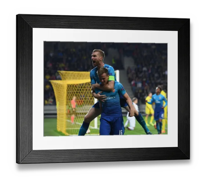 Framed Print : Arsenal's Holding and Mertesacker Celebrate Goals in UEFA Europa League Match against BATE Borisov