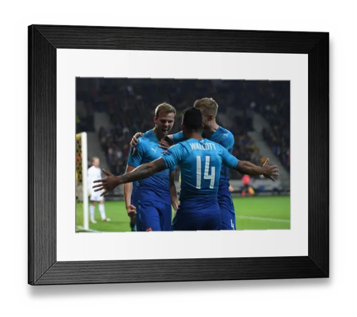 Framed Print : Arsenal's Rob Holding and Theo Walcott Celebrate Goal against FC BATE Borisov in Europa League