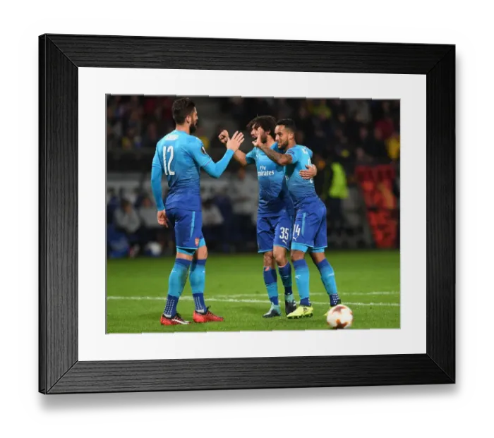 Framed Print : Theo Walcott, Mohamed Elneny, and Olivier Giroud Celebrate Arsenal's Goals Against FC BATE Borisov in Europa League