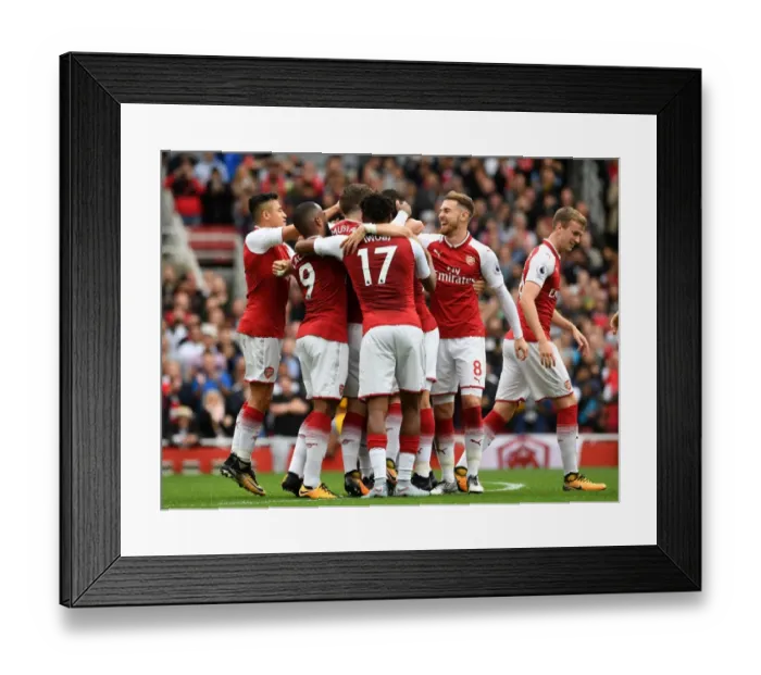 Framed Print : Arsenal's Goal Celebration: Monreal, Iwobi, Mustafi, Ramsey, Lacazette (vs Brighton & Hove Albion, 2017-18)