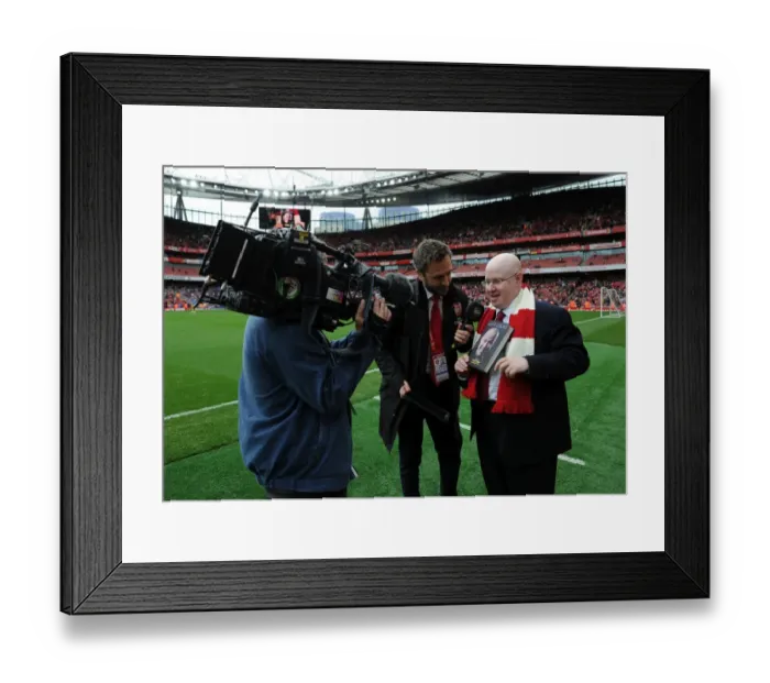 Framed Print : Arsenal Fan Matt Lucas Interviewed at Half Time during Arsenal vs Brighton & Hove Albion Match, 2017-18