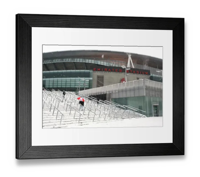 Framed Print : Winter's Embrace at Emirates: Arsenal's Stadium Transformed in Snow