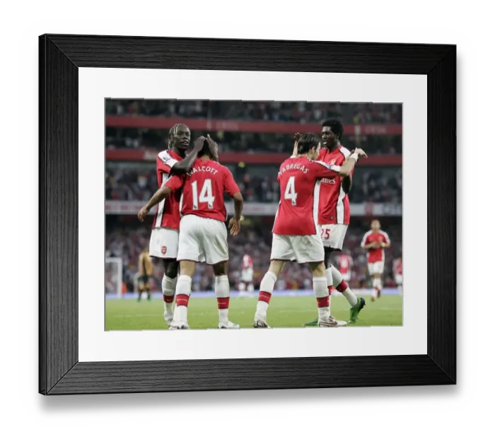 Framed Print : Celebrating an Own Goal: Fabregas, Sagna, Walcott, Adebayor - Arsenal's Bittersweet Moment against Hull City (08 / 09)