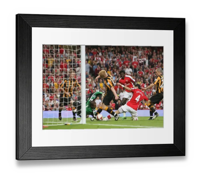 Framed Print : Cesc Fabregas scores Arsenals goal under pressure from Paul McShane