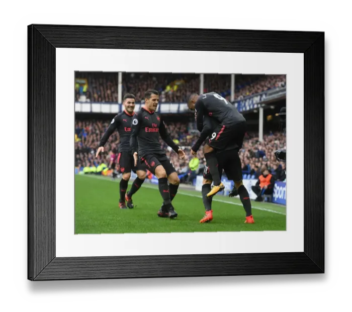 Framed Print : Ozil, Lacazette, Xhaka, and Kolasinac Celebrate Arsenal's Goals Against Everton (2017-18) Framed Print : Ozil, Lacazette, Xhaka, and Kolasinac Celebrate Arsenal's Goals Against Everton (2017-18)