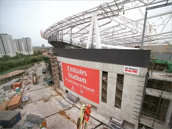 The New Arsenal Stadium photographed from a cradle suspended from a Tower Crane on the South of the