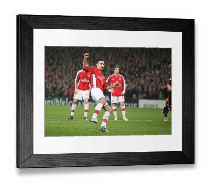 Framed Print : Robin van Persie shoots past Roma goalkeeper Doni to Framed Print : Robin van Persie shoots past Roma goalkeeper Doni to