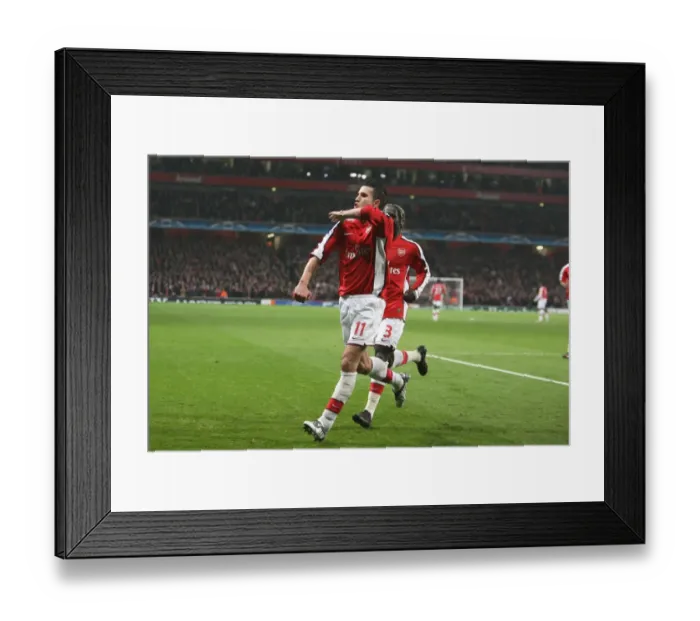 Framed Print : Euphoric Van Persie: Arsenal's Unforgettable 1-0 Win Over AS Roma in Champions League 09 (Van Persie & Sagna Celebration)
