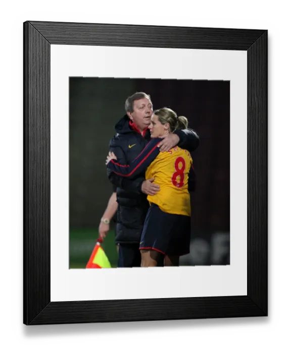 Framed Print : Kelly Smith's Emotional Farewell: Arsenal's Champion Hugs Manager Vic Akers in FA Premier League Cup Final Victory