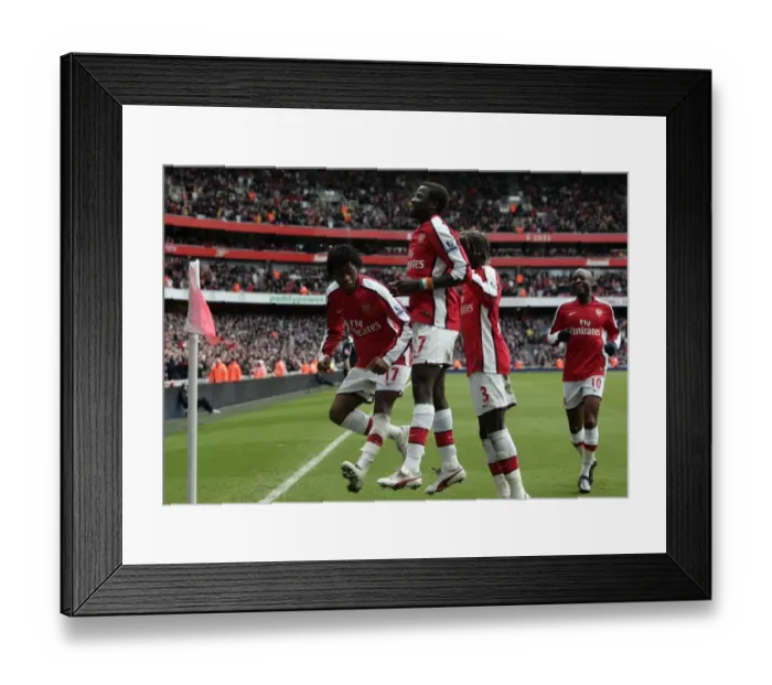 Framed Print : Emmanuel Eboue, Alexandre Song, and Bacary Sagna: Arsenal's Triumphant Goal Celebration vs. Burnley in the FA Cup (3:0)