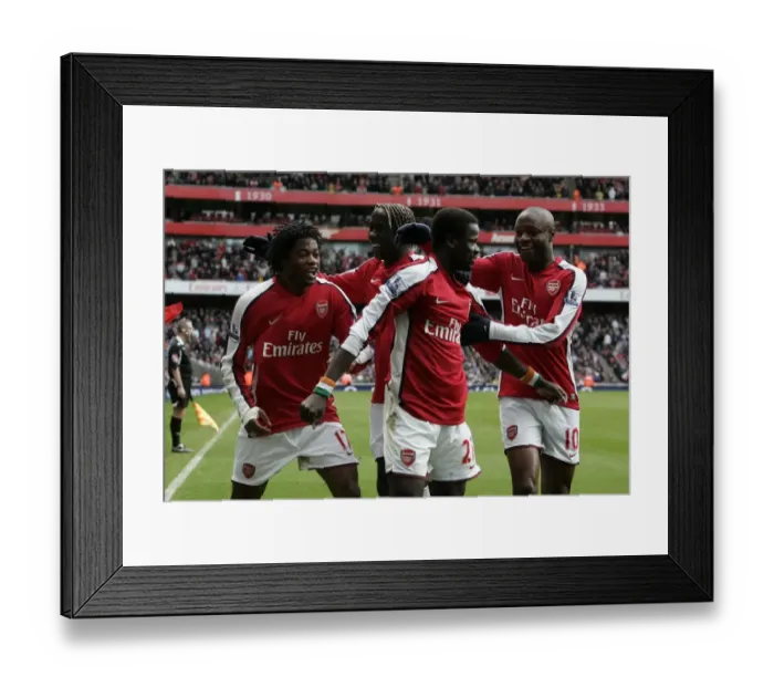 Framed Print : Triumphant Moment: Arsenal's Eboue, Gallas, and Song Celebrate 3rd Goal vs. Burnley in FA Cup Framed Print : Triumphant Moment: Arsenal's Eboue, Gallas, and Song Celebrate 3rd Goal vs. Burnley in FA Cup