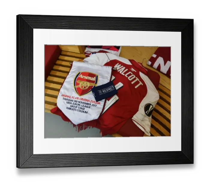 Framed Print : Theo Walcott Celebrates Europa League Victory with Arsenal Pennant (Arsenal vs Crvena Zvezda, 2017) Framed Print : Theo Walcott Celebrates Europa League Victory with Arsenal Pennant (Arsenal vs Crvena Zvezda, 2017)