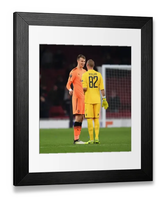 Framed Print : Matt Macey and Ricardinho Clash After Arsenal's Europa League Encounter vs Crvena Zvezda