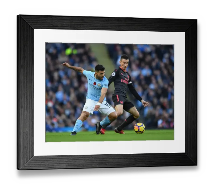 Framed Print : Koscielny vs. Aguero: Intense Battle at the Etihad - Manchester City vs. Arsenal, Premier League 2017-18