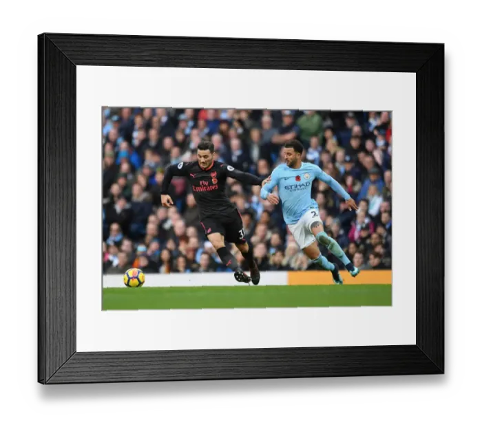 Framed Print : Sead Kolasinac vs. Kyle Walker: Battle at the Etihad - Manchester City vs. Arsenal, Premier League 2017-18