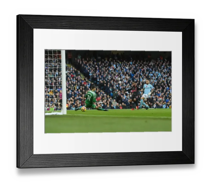 Framed Print : Alex Lacazette Scores Past Ederson: Manchester City vs. Arsenal, Premier League 2017-18