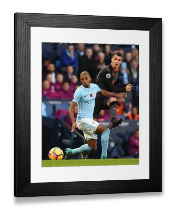 Framed Print : Xhaka vs Fernandinho: Clash of Midfield Titans - Manchester City vs Arsenal, Premier League 2017-18