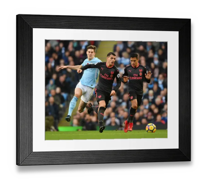 Framed Print : Xhaka Outmaneuvers Stones: Manchester City vs. Arsenal, Premier League 2017-18