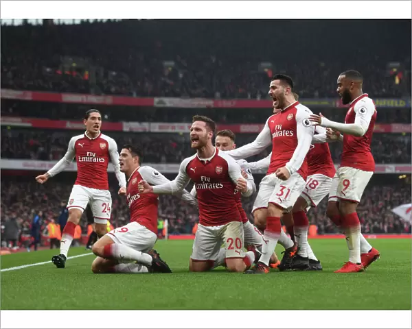 Arsenal Celebrate: Mustafi, Xhaka, Kolasinac, Lacazette (vs. Tottenham, 2017-18)