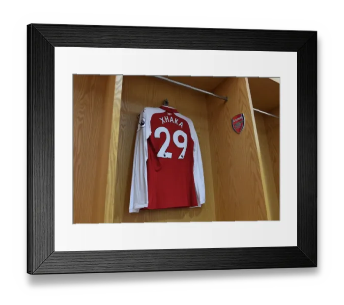 Framed Print : Granit Xhaka's Arsenal Shirt in Arsenal Dressing Room Before Arsenal vs. Tottenham Hotspur (2017-18)