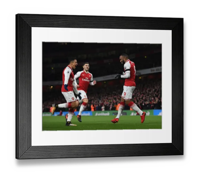 Framed Print : Arsenal Stars: Lacazette and Sanchez Celebrate Goal Against Huddersfield, 2017-18 Premier League