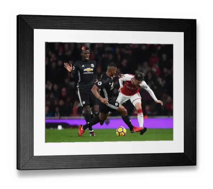 Framed Print : Clash of the Midfield Titans: Ozil vs. Pogba & Valencia (Arsenal vs. Manchester United, 2017-18)