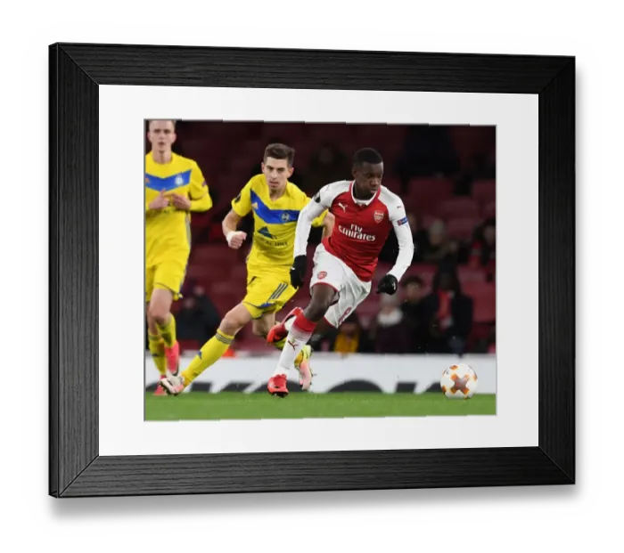 Framed Print : Eddie Nketiah in Action: Arsenal vs BATE Borisov, UEFA Europa League 2017-18 Framed Print : Eddie Nketiah in Action: Arsenal vs BATE Borisov, UEFA Europa League 2017-18
