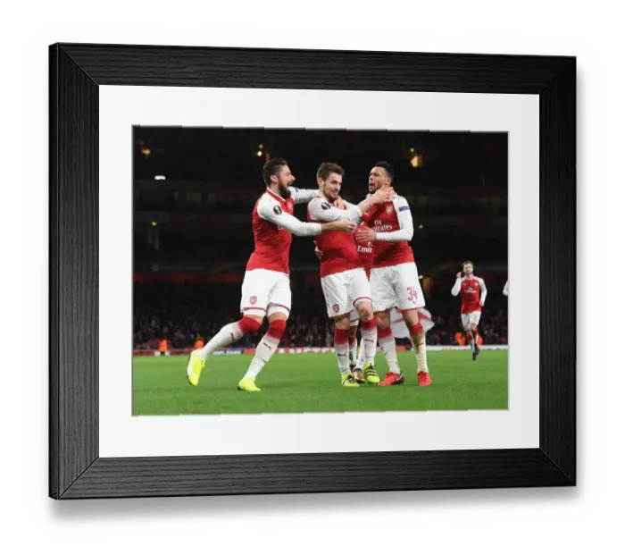 Framed Print : Arsenal Celebrate Debuchy's Goal vs BATE Borisov, Europa League 2017-18: Giroud, Coquelin Join In
