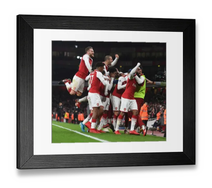 Framed Print : Arsenal's Star Players: Ozil, Lacazette, Mustafi, Bellerin, Wilshere, Iwobi Celebrate Goals Against Liverpool (2017-18)