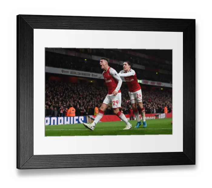 Framed Print : Arsenal's Unforgettable Goal Celebration: Xhaka and Bellerin's Euphoric Moment vs. Liverpool (2017-18)