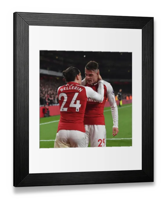 Framed Print : Xhaka and Bellerin Celebrate Arsenal's Victory Goals Against Liverpool (2017-18) Framed Print : Xhaka and Bellerin Celebrate Arsenal's Victory Goals Against Liverpool (2017-18)
