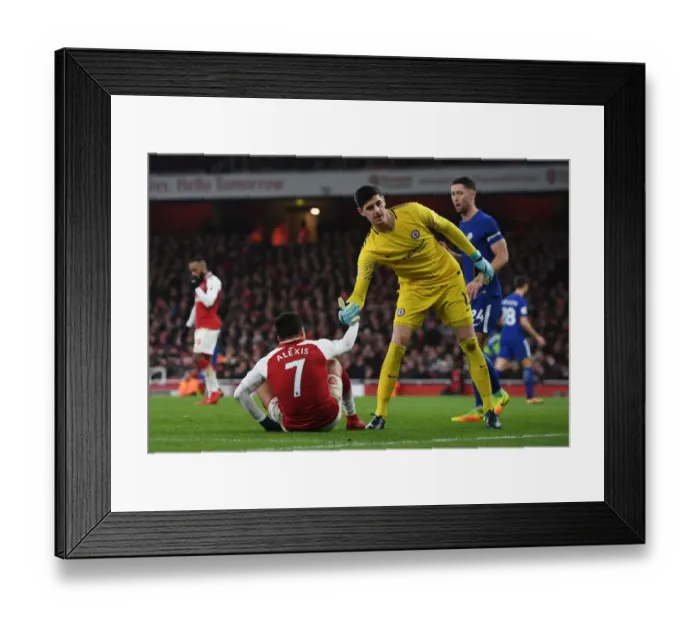Framed Print : Thibaut Courtois Consoles Distressed Alexis Sanchez Amidst Arsenal-Chelsea Rivalry