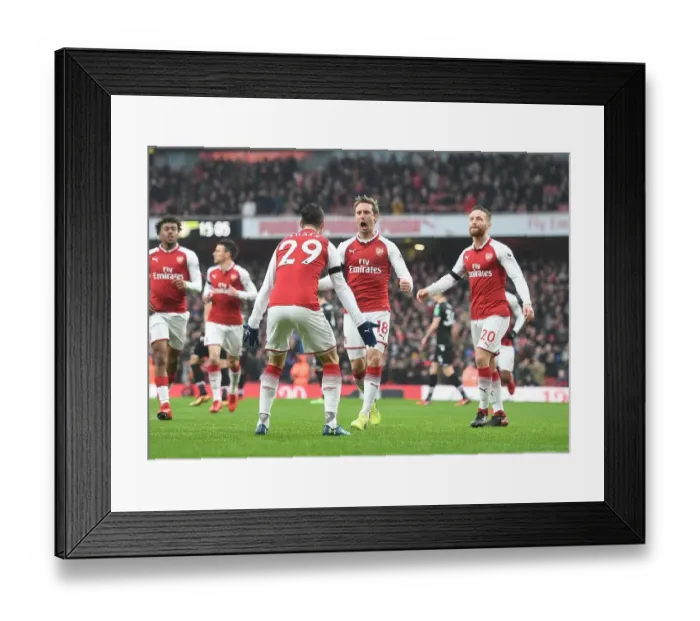 Framed Print : Arsenal's Monreal, Xhaka, and Mustafi Celebrate Goal Against Crystal Palace (2018)