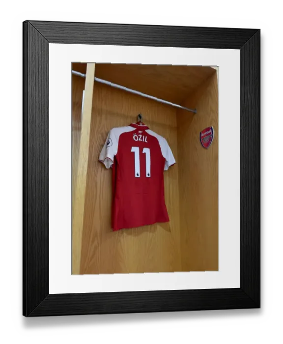 Framed Print : Mesut Ozil's Hanging Shirt: Arsenal's Emirates Stadium Before Crystal Palace Match, 2018