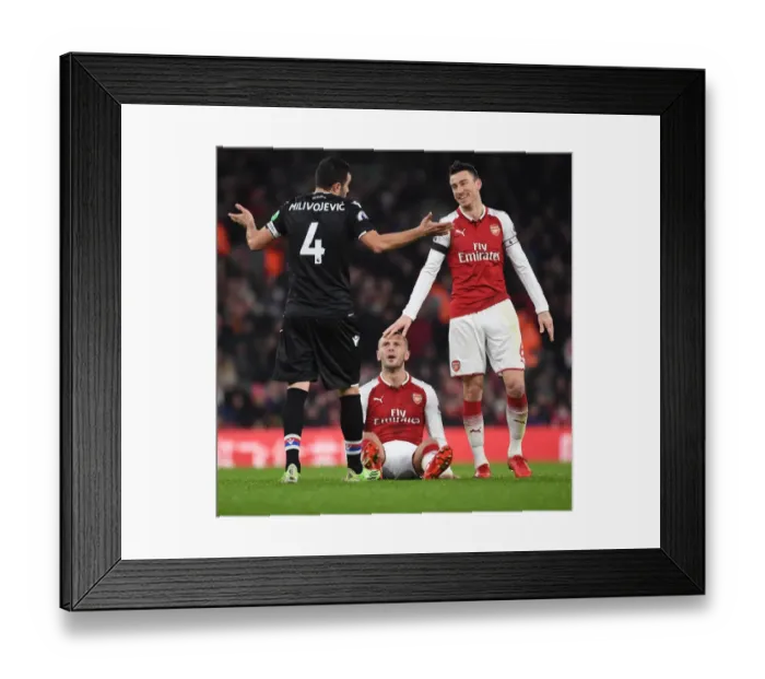 Framed Print : Arsenal vs. Crystal Palace: A Light-Hearted Moment Between Jack Wilshere, Laurent Koscielny, and Luka Milivojevic