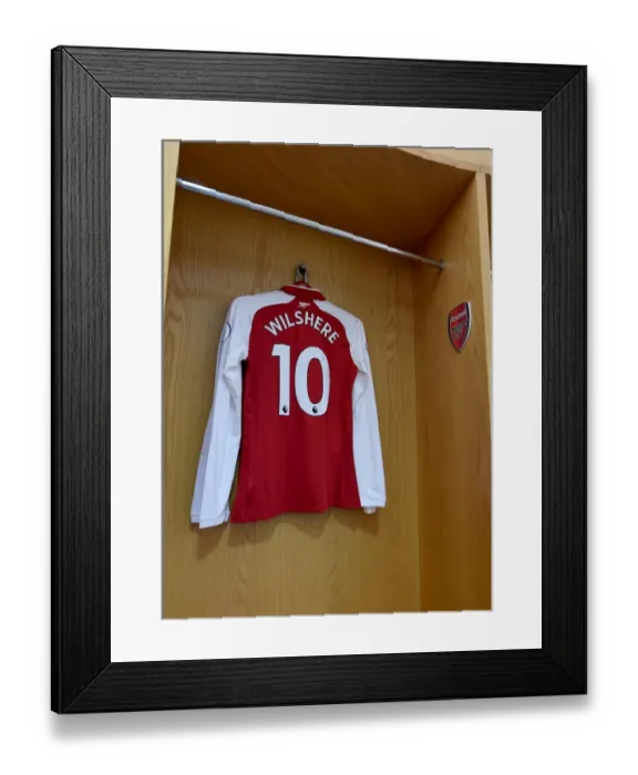 Framed Print : Arsenal: Jack Wilshere's Empty Shirt in the Home Changing Room Before Arsenal vs Crystal Palace