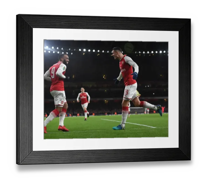 Framed Print : Xhaka and Lacazette Celebrate Arsenal's Carabao Cup Semi-Final Goals vs Chelsea