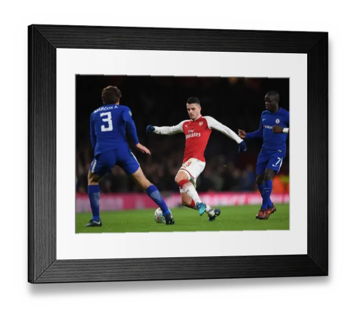 Framed Print : Arsenal vs. Chelsea: Intense Battle between Xhaka, Kante, and Alonso in Carabao Cup Semi-Final