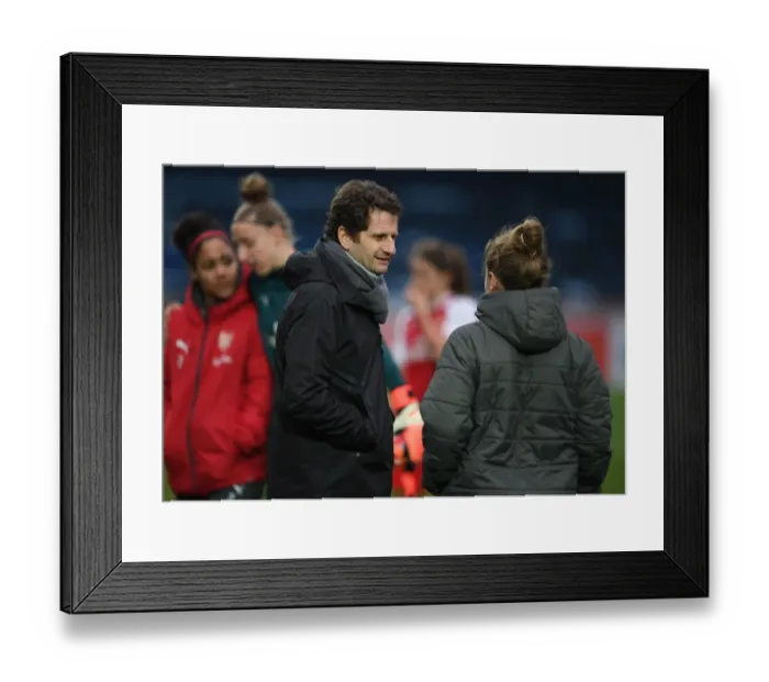 Framed Print : Joe Montemurro and Kim Little: A Moment with Arsenal Ladies after their Win against Reading FC Women