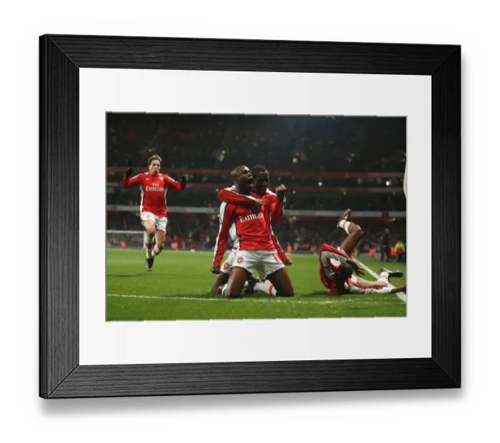Framed Print : Arsenal Forward William Gallas Celebrates Scoring the Decisive Goal Against Hull City in FA Cup Sixth Round, Surrounded by Teammates Johan Djourou, Abou Diaby, and Sami Nasri